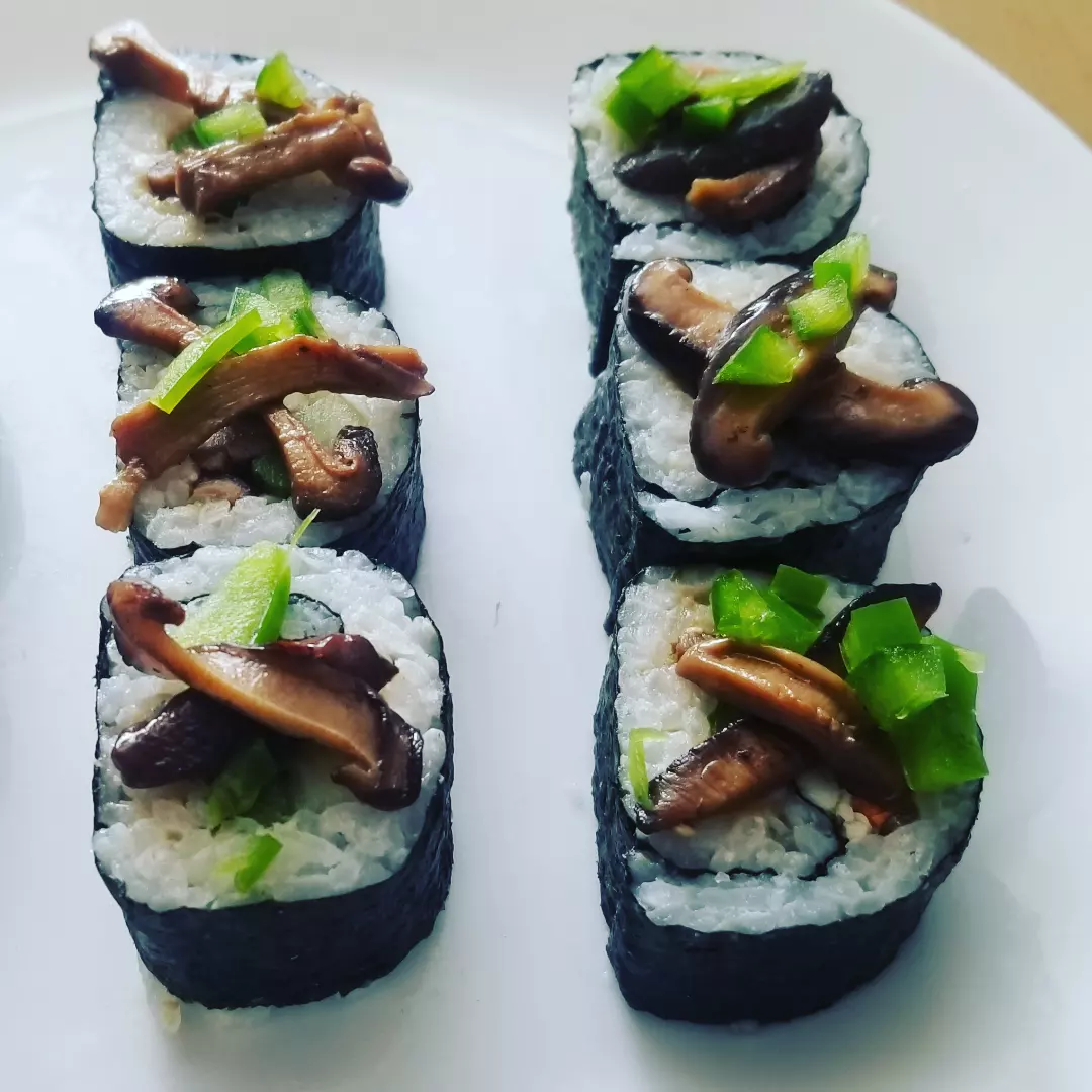 Grilled halibut sushi roll with asparagus and shiitake mushrooms
