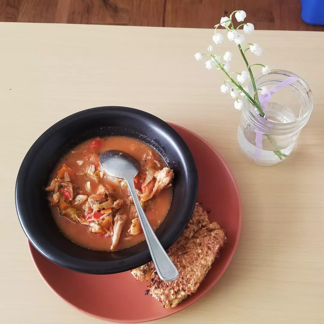Breakfast cioppino with toasted cauliflower bread